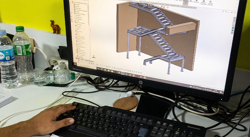 Modélisation 3D d'une structure d'escalier métallique sur logiciel de CAO en bureau d'études