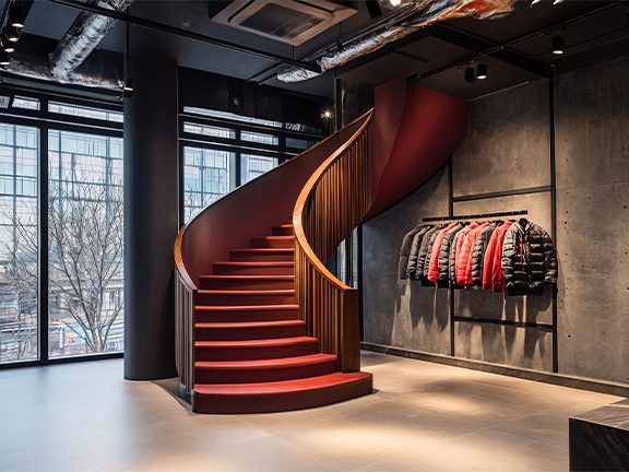 Escalier métallique courbe rouge sur mesure dans un showroom contemporain