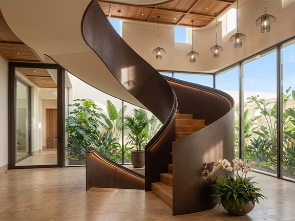 Escalier hélicoïdal en acier patiné et bois sur mesure dans une villa