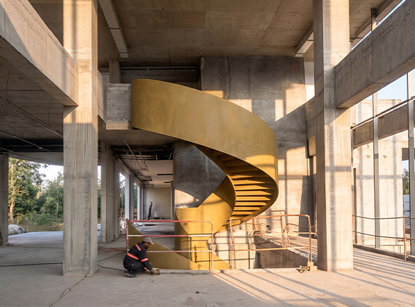 Escalier hélicoïdal en acier avec finition dorée intégré dans une architecture contemporaine