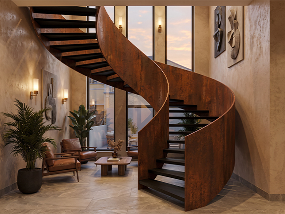 Escalier hélicoïdal intérieur effet Corten sur mesure dans une villa