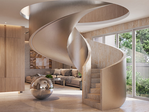 Escalier hélicoïdal sur mesure avec finition métal champagne et marches en pierre