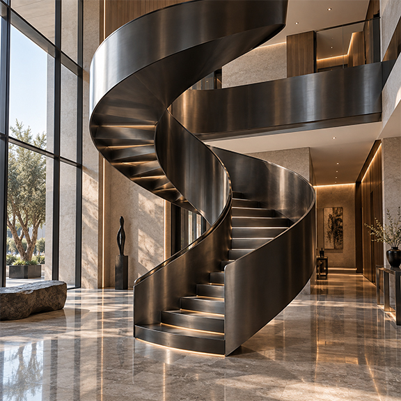 Escalier hélicoïdal monumental en acier noir dans un grand hall contemporain