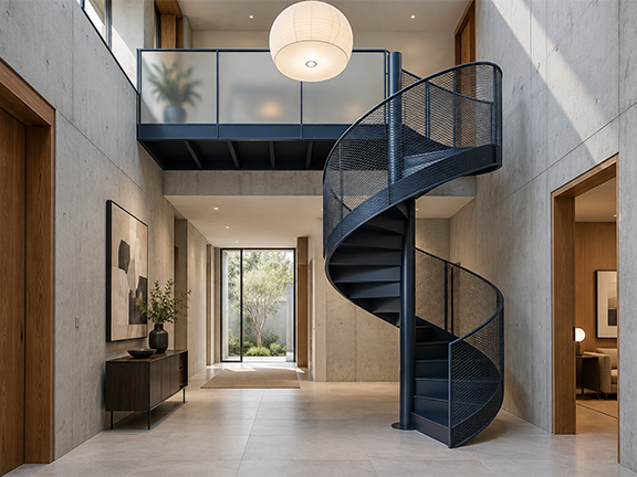 Escalier hélicoïdal noir sur mesure avec garde-corps en métal perforé