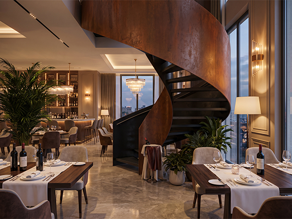 Escalier hélicoïdal sur mesure dans un restaurant haut de gamme