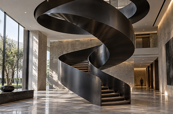 Escalier hélicoïdal sculptural noir sur mesure dans un grand hall contemporain