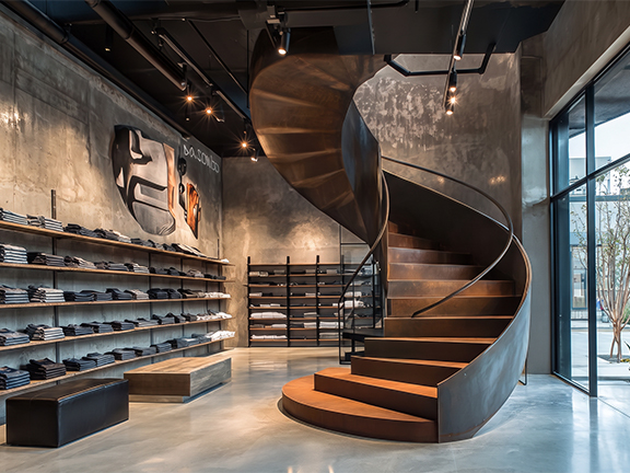 Escalier hélicoïdal en acier patiné sur mesure dans un showroom