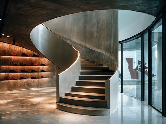Escalier hélicoïdal sur mesure dans un showroom avec finition métallique minérale